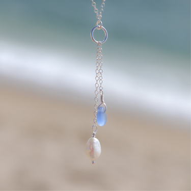 Blue/Purple Sea Glass + Baroque Pearl Necklace